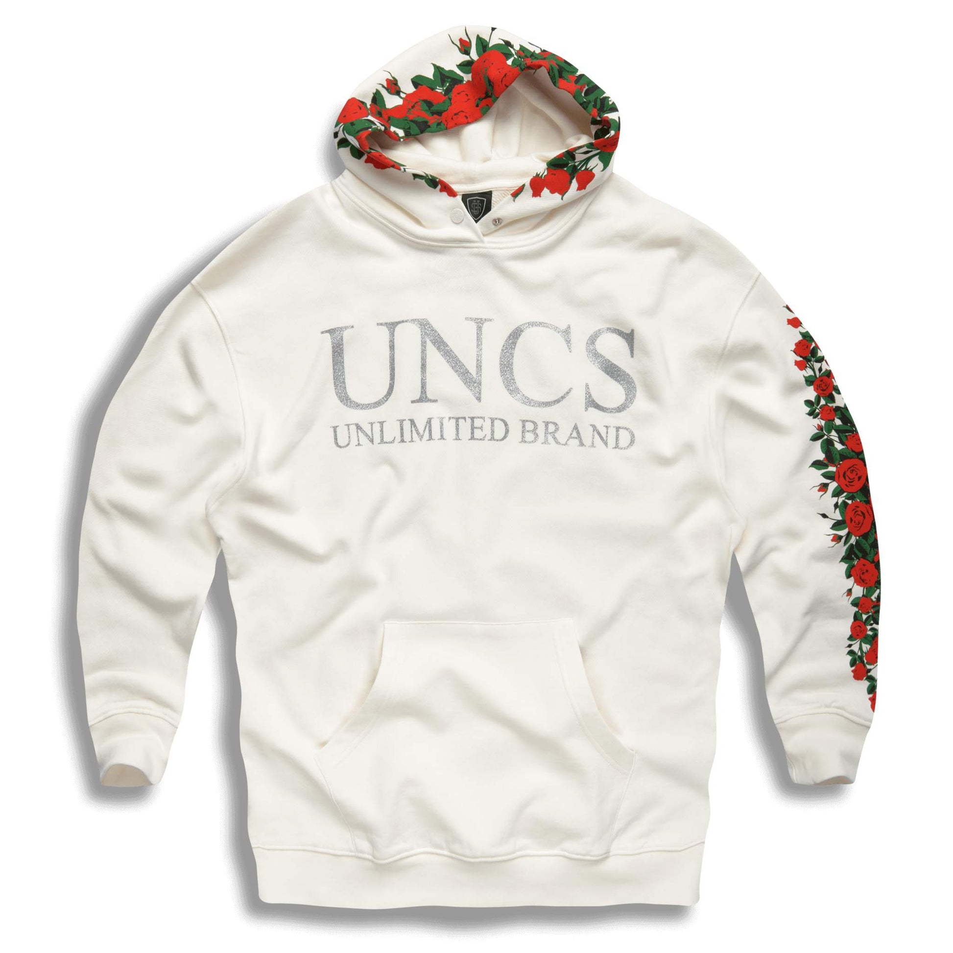 White oversize hoodie with roses from UNCS