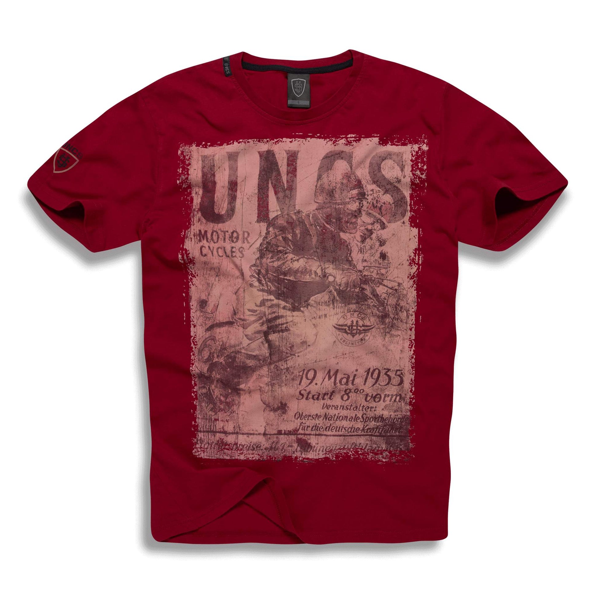 Red wine T-shirt with vintage motorcycle print from UNCS